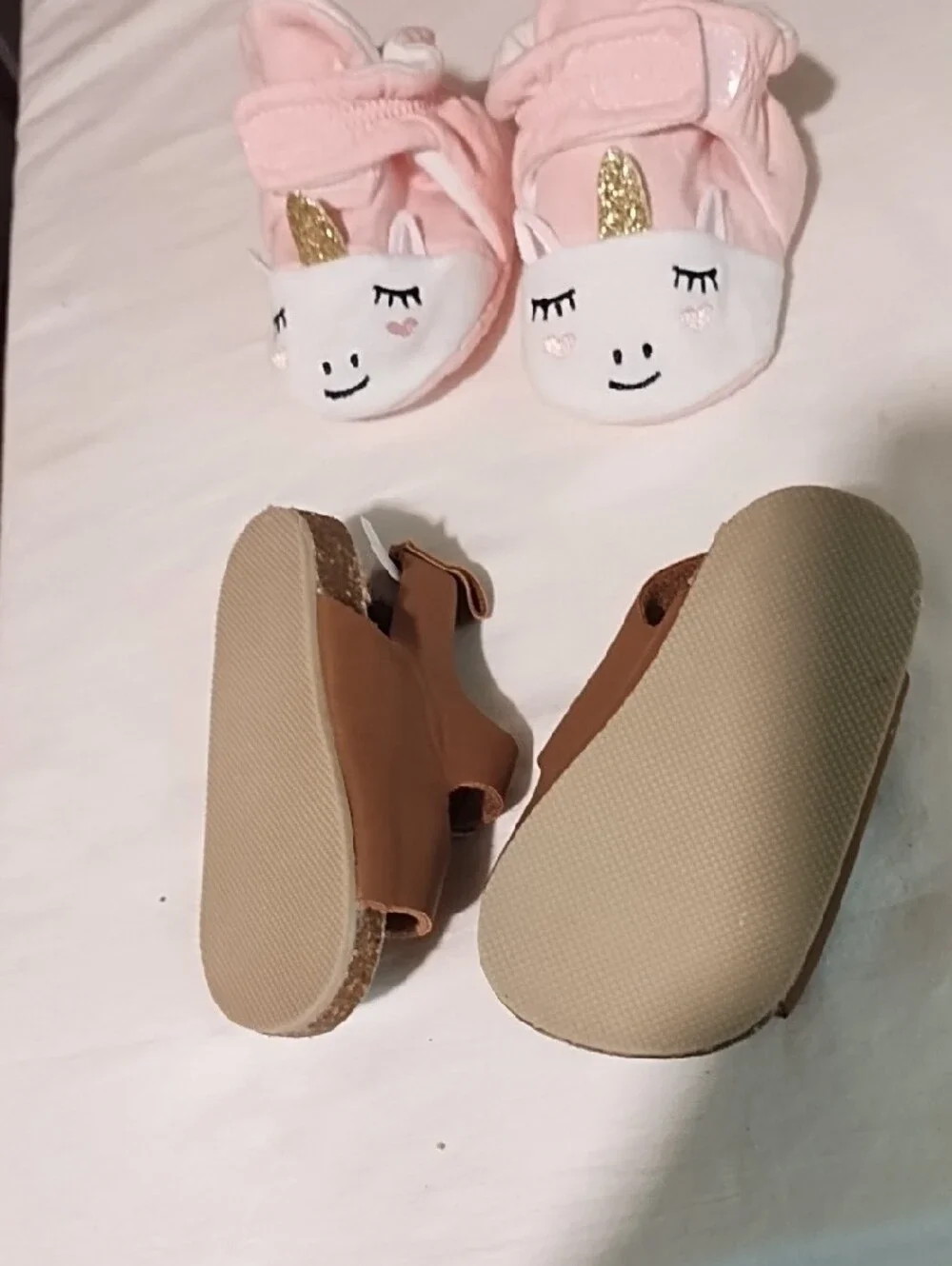 2 Pair Carter's Toddler Brown Buckle Sandals with Pink Unicorn Slippers EUC.